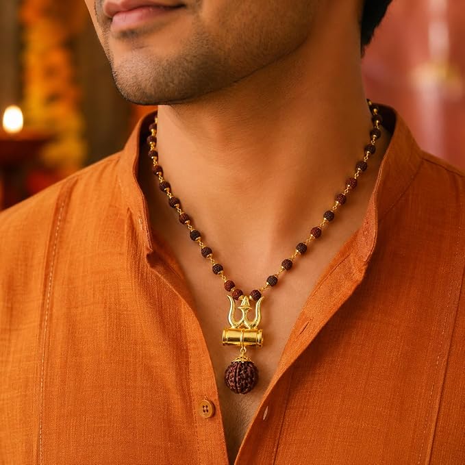 Religious Trishul Damaru Locket with Gold Plated Cap