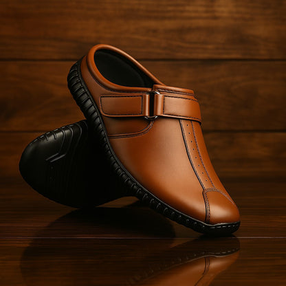 Men's Synthetic Leather-Look Slip-On Mule Sandals with Strap (BROWN)