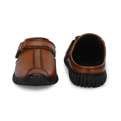 Men's Synthetic Leather-Look Slip-On Mule Sandals with Strap (BROWN)