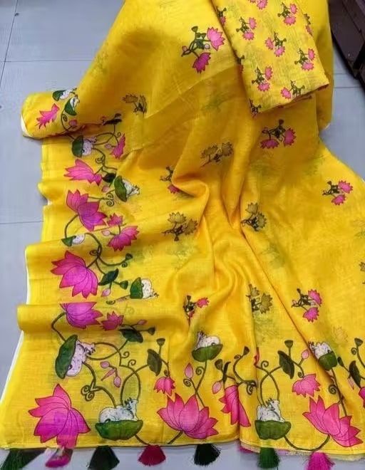 New Flower Linen Cotton Digital Print White Saree