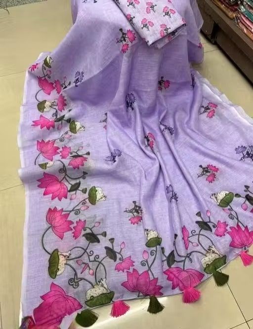 New Flower Linen Cotton Digital Print White Saree