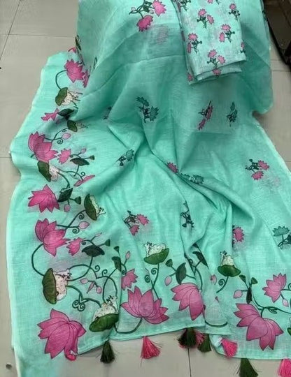 New Flower Linen Cotton Digital Print White Saree