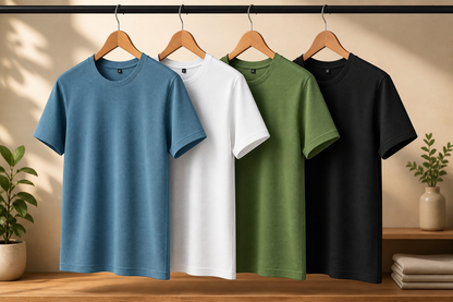 Round Neck T-Shirt Black Green white sky-blue Pack Of 4 (ASSORTED COLORS)