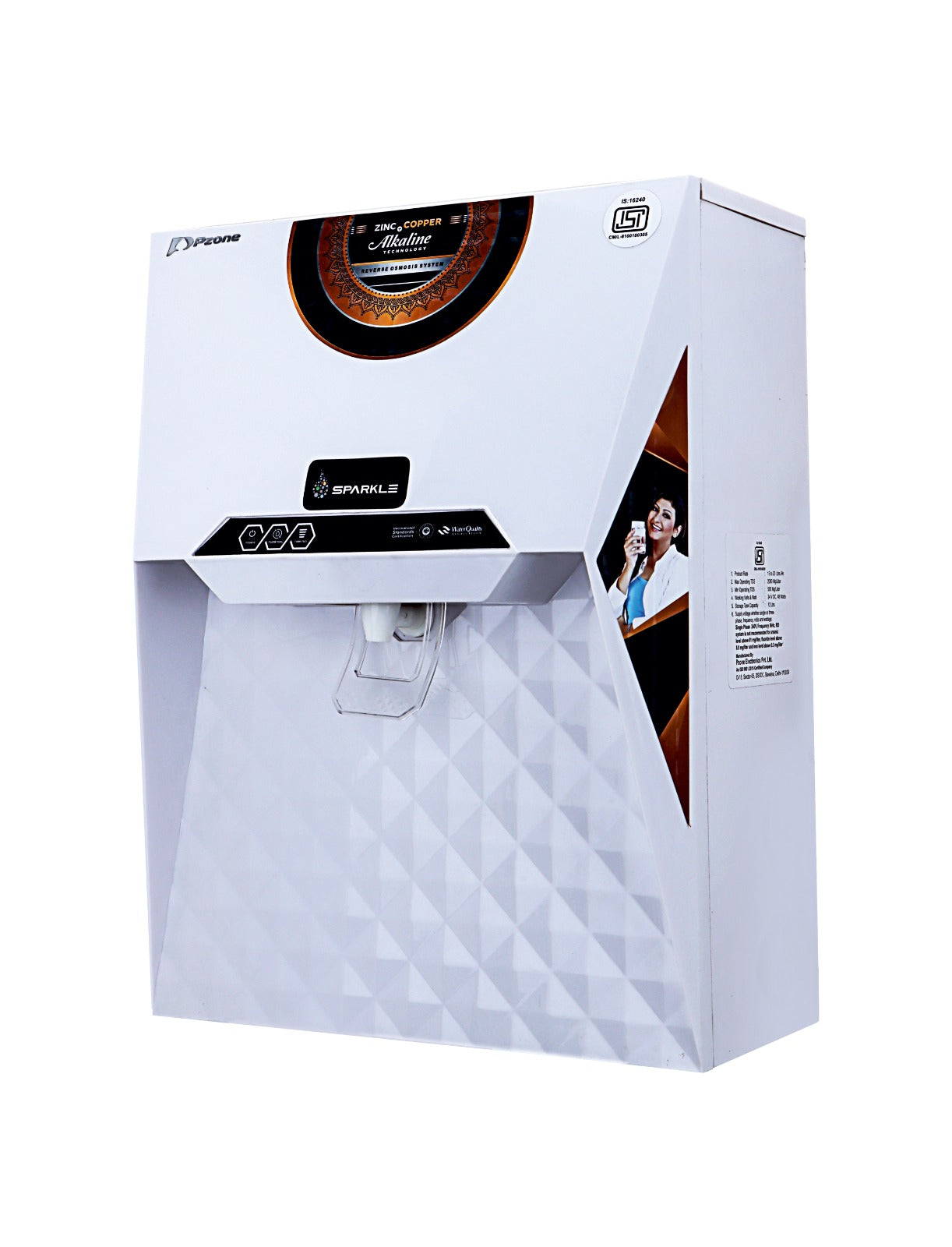 Pzone Sparkle Purifier- Ro + UV + Copper + Alkaline 10 Ltr.