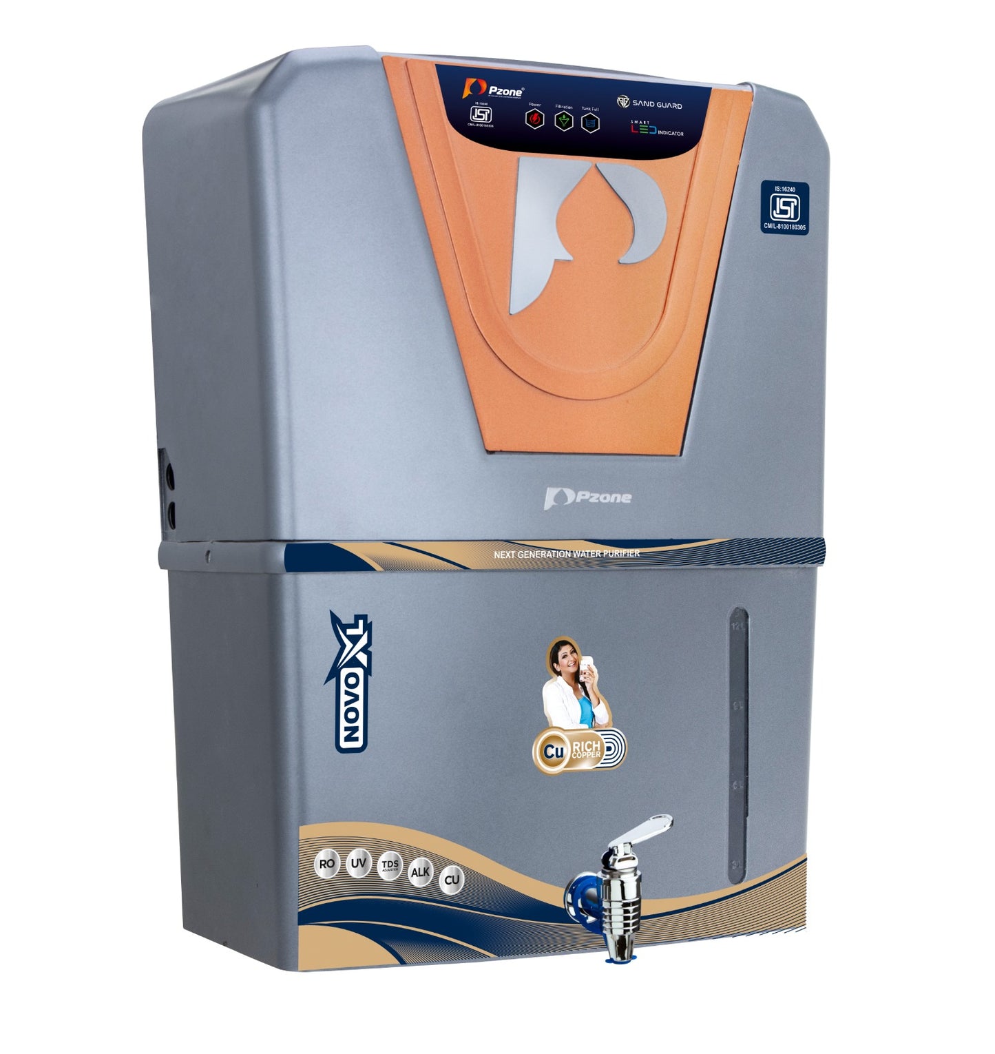 Pzone Novo-XL Ro+Uv+Zn+Cu+Alkaline ISI Mark 12 L RO Water Purifier (Black)