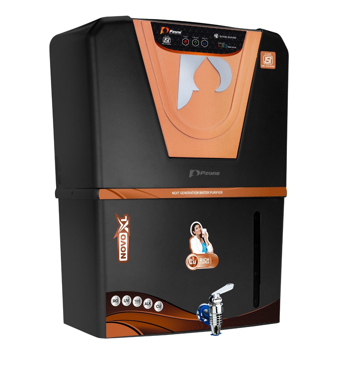 Pzone Novo-XL Ro+Uv+Zn+Cu+Alkaline ISI Mark 12 L RO Water Purifier (Black)