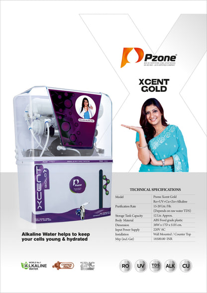 Pzone Xcent Gold Ro+UV+Cu+Zn+Alkaline ISI Mark 12 L RO Water Purifier (White)
