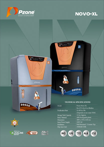 Pzone Novo-XL Ro+Uv+Zn+Cu+Alkaline ISI Mark 12 L RO Water Purifier (Black)