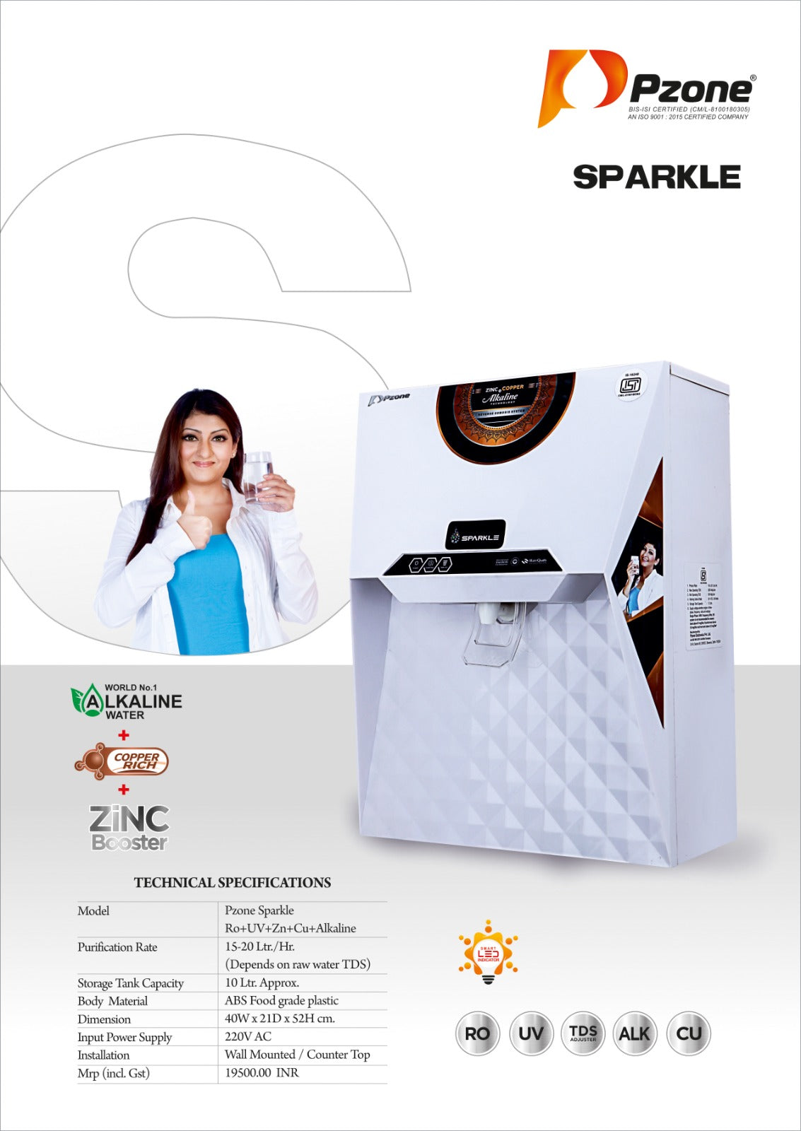 Pzone Sparkle Purifier- Ro + UV + Copper + Alkaline 10 Ltr.