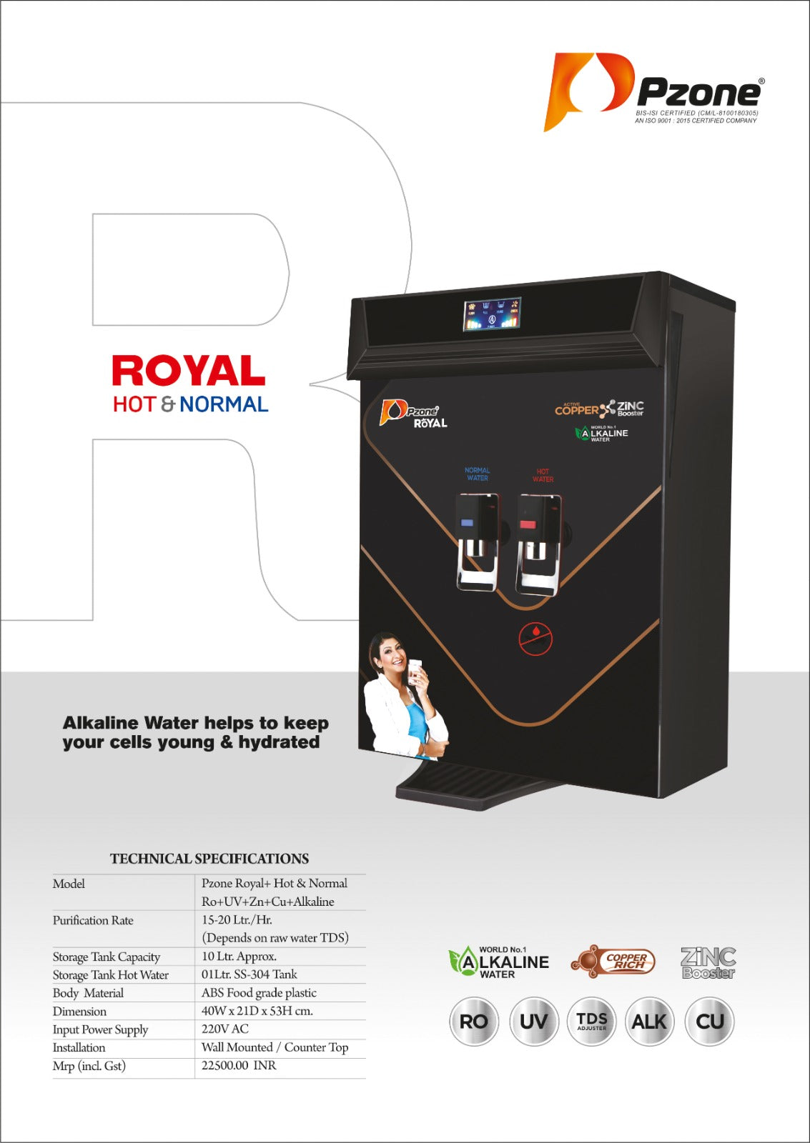 Pzone Royal Hot & Normal Purifier- Ro + UV + Copper + Alkaline with Ozoniser 10Ltr