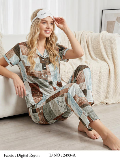 Digital Rayon Women Printed Lapel Collar Shirt & Pyjamas Night Suit