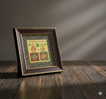 Laxmi Kuber Yantra with Original Raw Pyrite Stone Wooden Frame